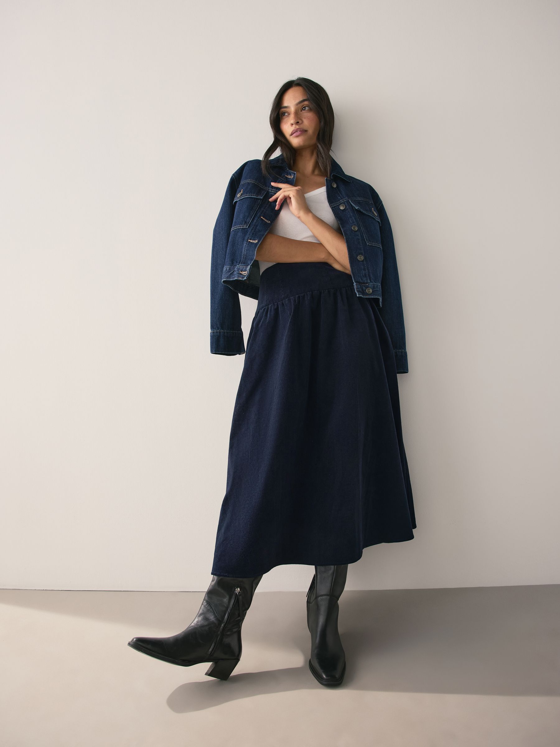 Navy Dropped Waist Corduroy Midi Skirt