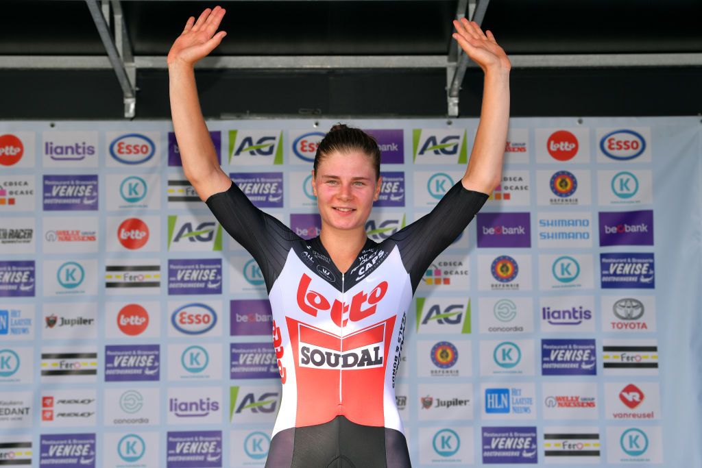 kopecky KOKSIJDE BELGIUM AUGUST 20 Podium Lotte Kopecky of Belgium and Team Lotto Soudal Ladies Celebration during the 121st Belgian Road Championship 2020 Womens Elite Individual Time Trial a 284km Individual Time Trial on Koksijde ITT BELCycling BKKoksijde on August 20 2020 in Koksijde Belgium Photo by Luc ClaessenGetty Images