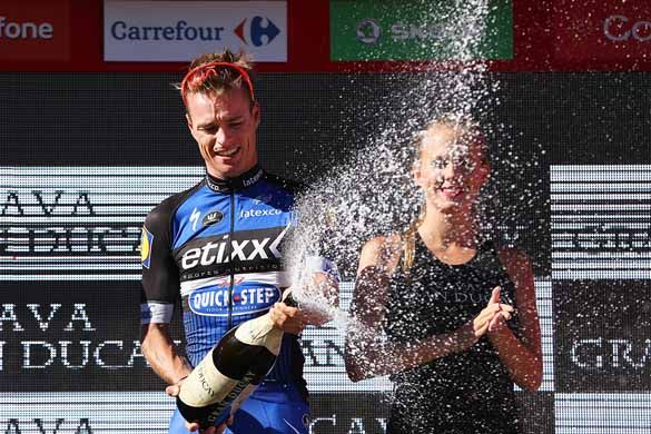 Gianni Meersman (Etixx-QuickStep) celebrates victory on stage 2 of the Vuelta a Espana.