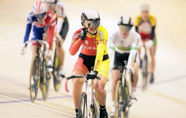 Simona Krupeckaite (Lithuania) realises she has won the gold medal in the women's Keirin.