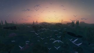 Birds flying at sunset