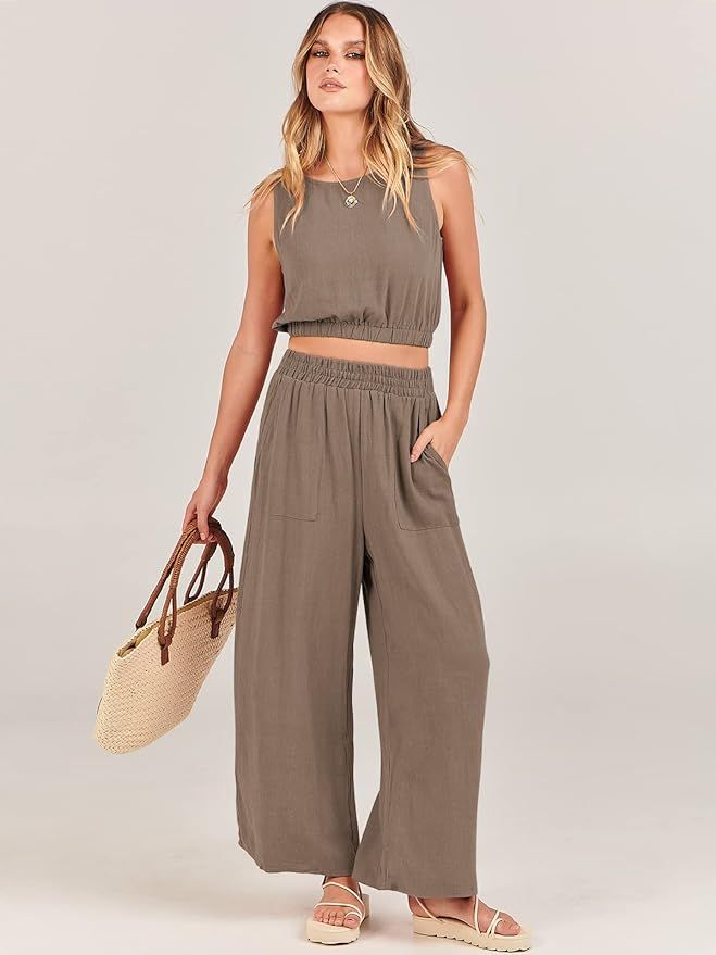 Model wears light brown cropped wide leg set