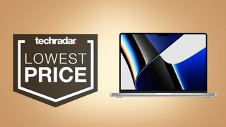 Apple MacBook Pro 14-inch on cream background next to TechRadar deals lowest price badge