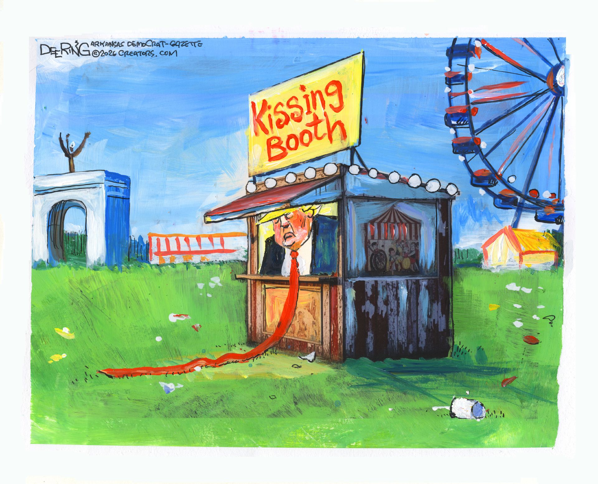 
                                Donald Trump is asleep in a kissing booth at The Great American State Fair. There are no people there and bits of garbage litter the ground.
                            