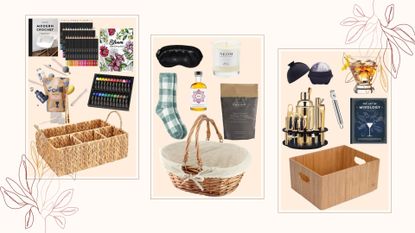 three composite images of products that are in w&h's Easter basket ideas for adults