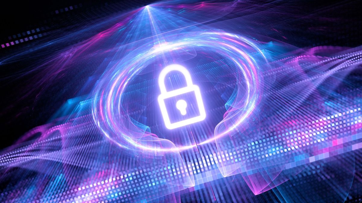 Abstract fractal render of glowing neon purple shapes with a glowing padlock symbol overlaid