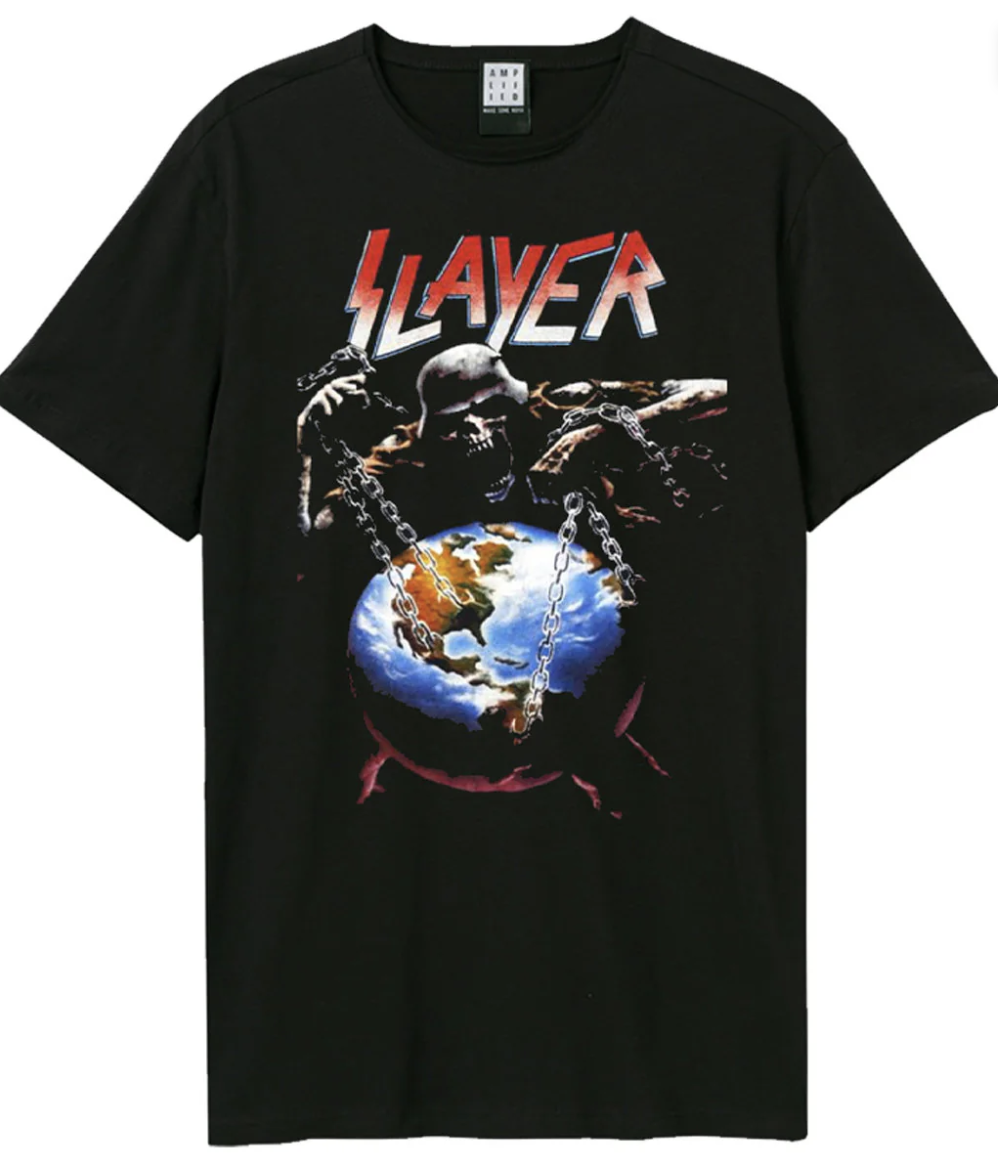 Slayer t-shirt with a skeleton soldier holding the planet Earth in chains