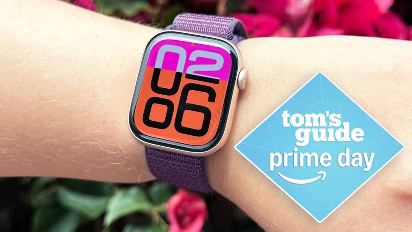 Apple Watch Series 10 worn on a wrist with a Tom&#039;s Guide Prime Day deal tag overlay