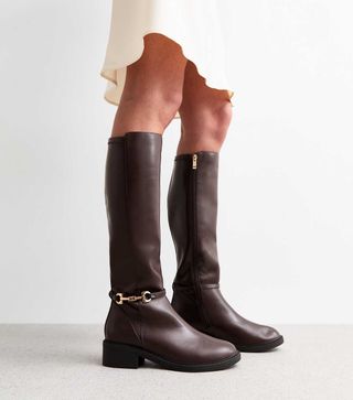 New Look, Wide Fit Brown Leather-Look High Leg Boots