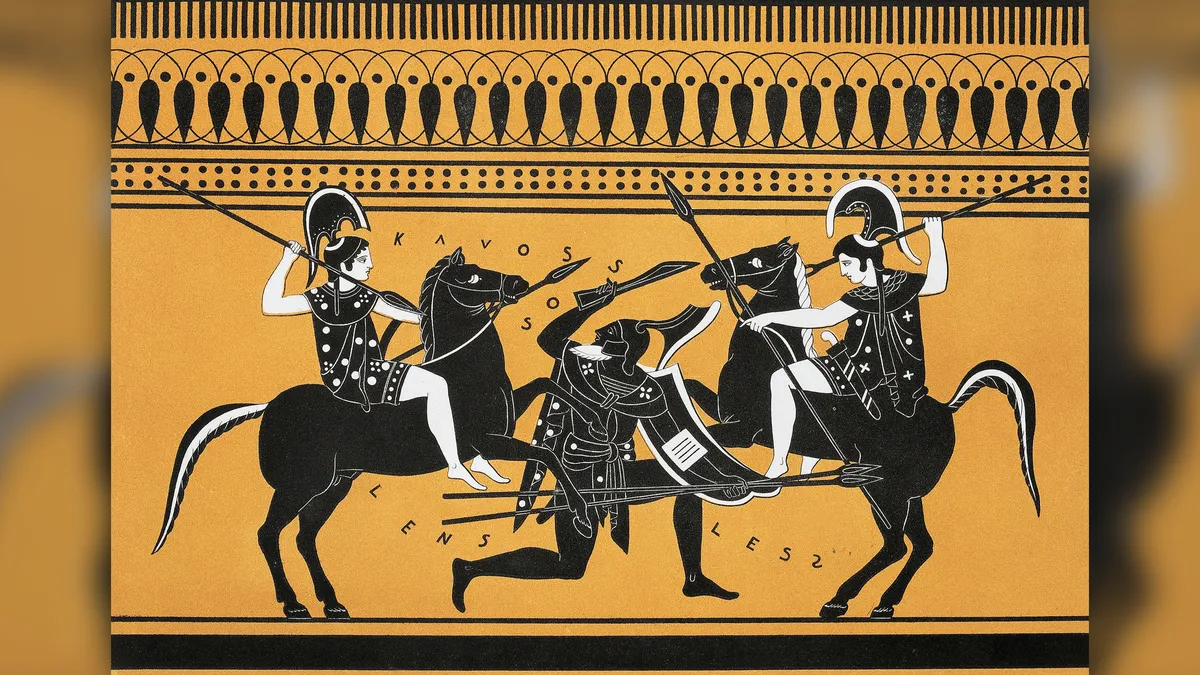 Black and White image on light orange showing Amazon warriors on horseback holding spears attacking a male warrior on foot holding sword and shield