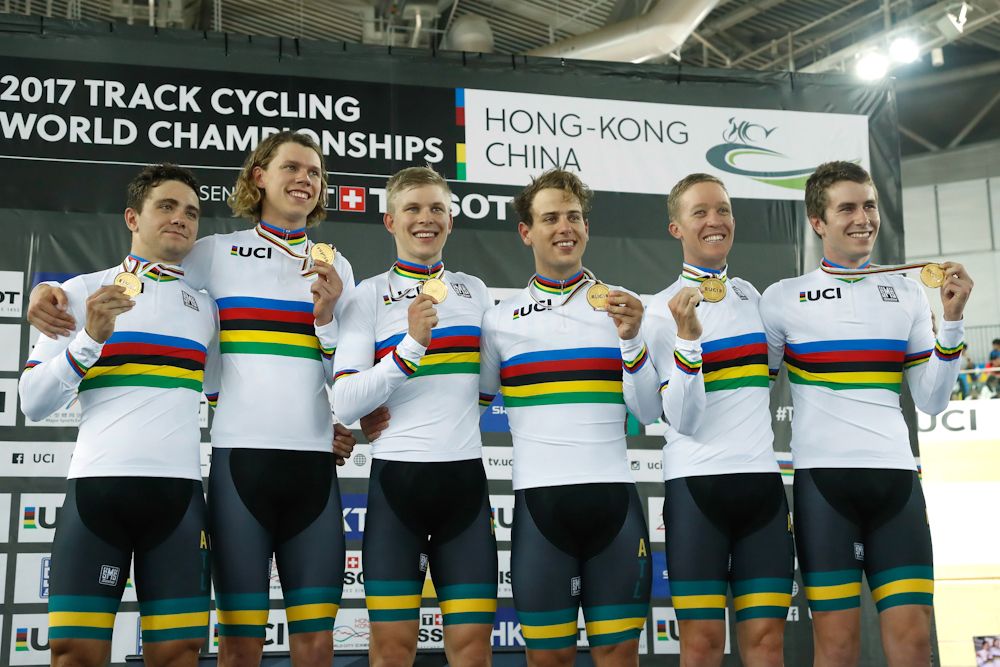 Team of Australia pose for a picture with their Gold medals on the podium after Men's Team Pursuit Final in 2017 UCI Track Cycling World Championships on Day 2 at Hong Kong Velodrome