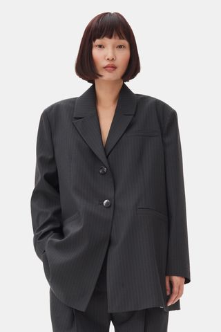 Charcoal Stripe Suiting Oversized Blazer