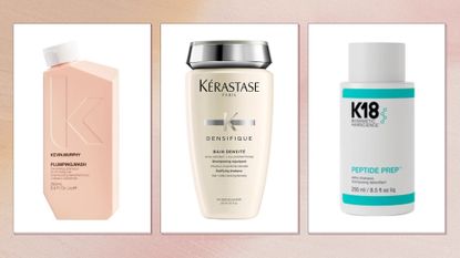 A selection of the best shampoo for fine hair and thinning hair from Kevin Murphy, Kérastase and K18/ in a pink and orange gradient template