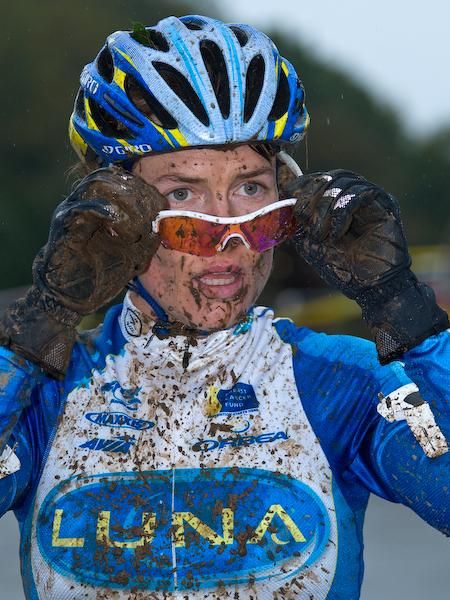 Georgia Gould (Luna Pro Team) crosses the line first, then turns and removes her glasses to make sure.