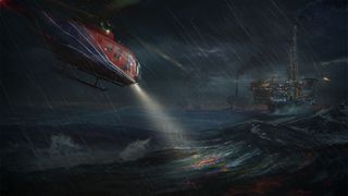 How Still Wakes The Deep was made more terrifyingly beautiful with Unreal Engine 5.3; a helicopter flies over the North Sea towards an oil rig