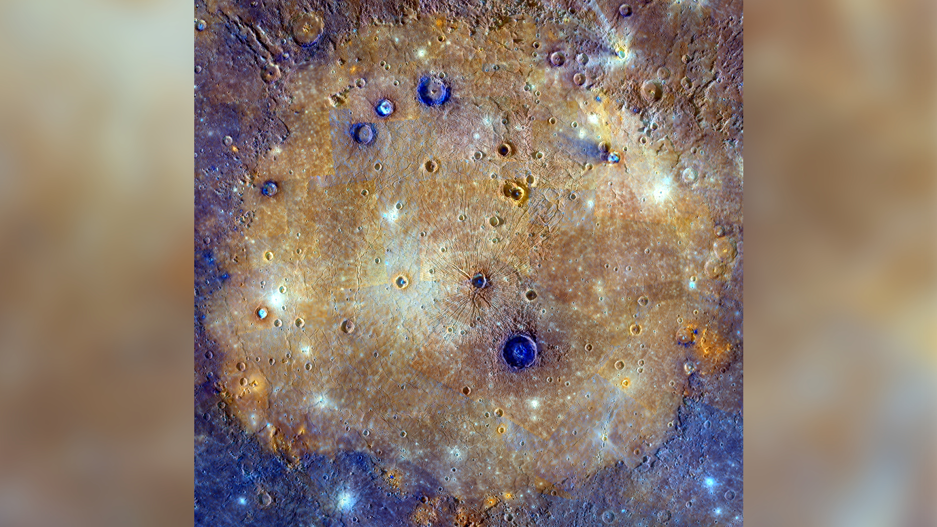 Close up of Caloris Basin showing lows of craters.