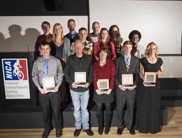 2012 NICA Award Recipients from L to R: (Back) Mark Doty, Ken Mozek, Ed Fischer, Whitney Pogue, (Middle) Josie Nordrum, Nick Gualtieri, Kate Courtney, DeShaun Smith, (Front) Zach Tucker, Mike Sinyard, Martha Flynn, Lucas Newcomb, Lori Harward
