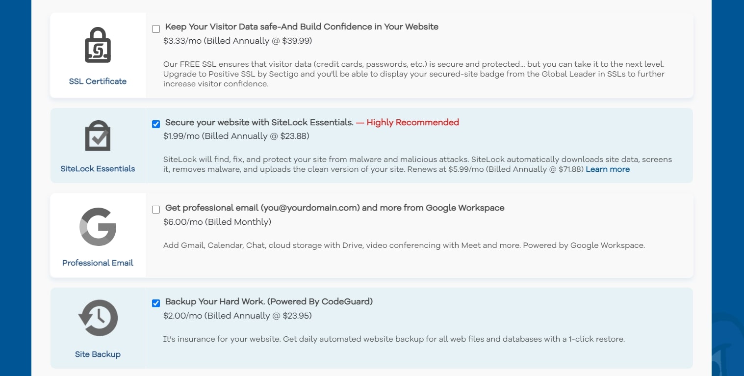 HostGator's purchasing path, with tick boxes for pre-selected add-ons