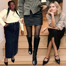 fashion collage of three female fashion influencers Abisola Omole, Anne-Laure Mais, and Lucy Williams wearing fall outfits with skirts and shoes like slingbacks, flats, and boots