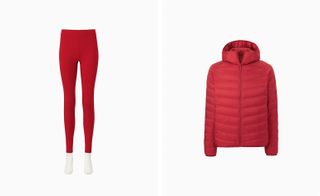 Uniqlo Heattech leggings and ULD padded jacket in red