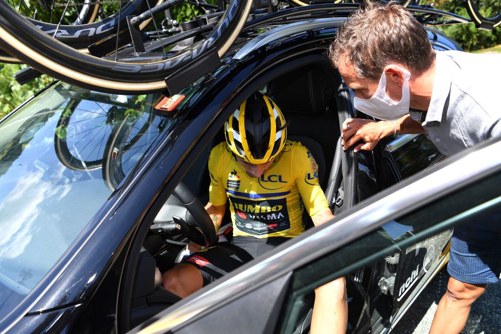 MEGEVE FRANCE AUGUST 15 Primoz Roglic of Slovenia and Team Jumbo Visma Yellow Leader Jersey Doctor Medical Crash Injury during the 72nd Criterium du Dauphine 2020 Stage 4 a 1533km stage from Ugine to Megeve 1458m dauphine Dauphin on August 15 2020 in Megeve France Photo by Justin SetterfieldGetty Images