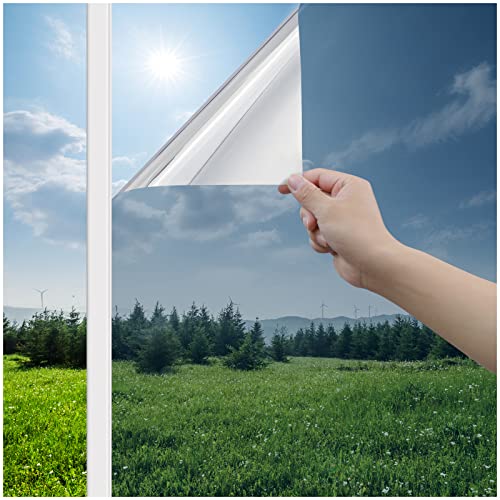 Haton Window Privacy Film One Way Window Tint for Home, Sun Uv Blocking Reflective Mirror Film Heat Control, No Glue Static Cling See Out Not in Glass Door Covering, Silver, 17.5" X 78.7"