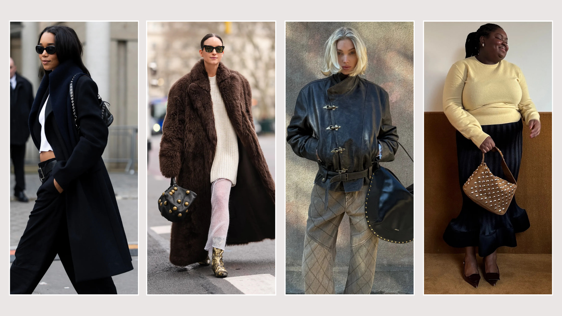 Four different looks with studded bags