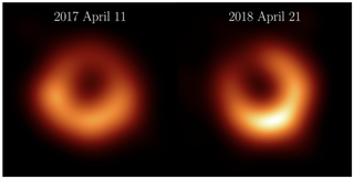 side-by-side comparisons of M87* in 2017 and 2018 show how the bright spot in the ring of matter around the black hole has shifted