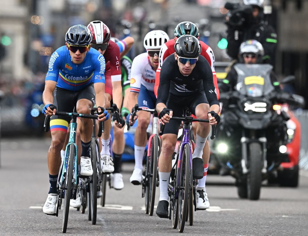 The breakaway group take part in the mens Elite Road Race at the Cycling World Championships in Glasgow Scotland on August 6 2023 Photo by Oli SCARFF AFP Photo by OLI SCARFFAFP via Getty Images
