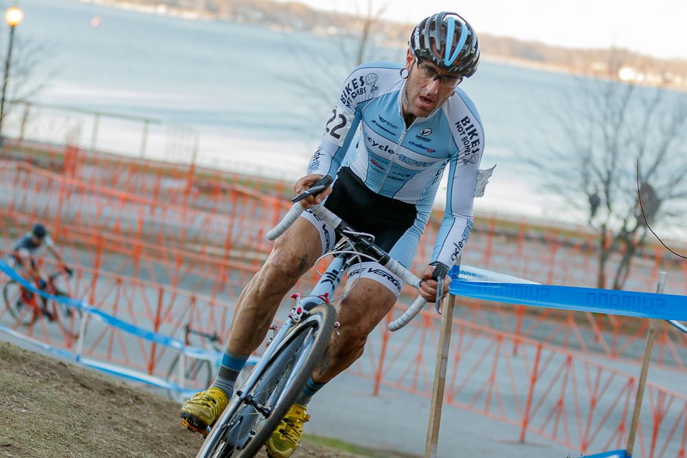 The scenic Greenwich Bay serves as a backdrop for the weekend's racing. Here, series founder and president Adam Myerson sprints up a climb.