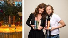 Michael Douglas and Davina McCall holding The Numbers hair styling products