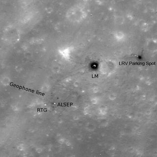 This high -sun image of the Apollo 16 landing site showing the lunar module descent stage, various pieces of equipment, and disturbed lunar soil (seen as darker lines and areas) which marks where John Young and Charles Duke traversed in the spring of 1972