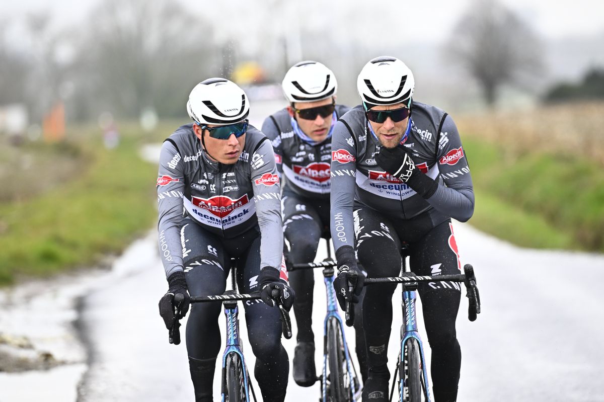 Mandatory Credit Photo by Shutterstock 15170876jAlpecinDeceuninck riders pictured in action during a track reconnaissance session ahead this weekends oneday cycling race Omloop Het Nieuwsblad opening race of the Flemish classic one day races season Cycling Omloop Track Reconnaissance Gent Belgium 27 Feb 2025