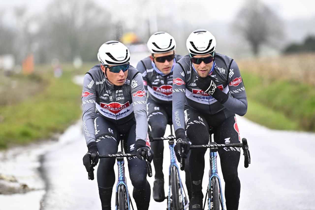 Mandatory Credit Photo by Shutterstock 15170876jAlpecinDeceuninck riders pictured in action during a track reconnaissance session ahead this weekends oneday cycling race Omloop Het Nieuwsblad opening race of the Flemish classic one day races season Cycling Omloop Track Reconnaissance Gent Belgium 27 Feb 2025