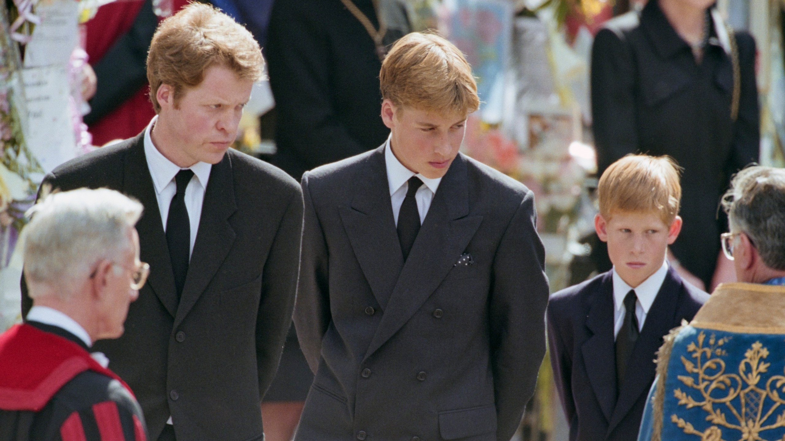 Charles Spencer, 9th Earl Spencer, Prince William and Prince Harry attending Princess Diana's funeral service at Westminster Abbey, London, England, 6th September 1997
