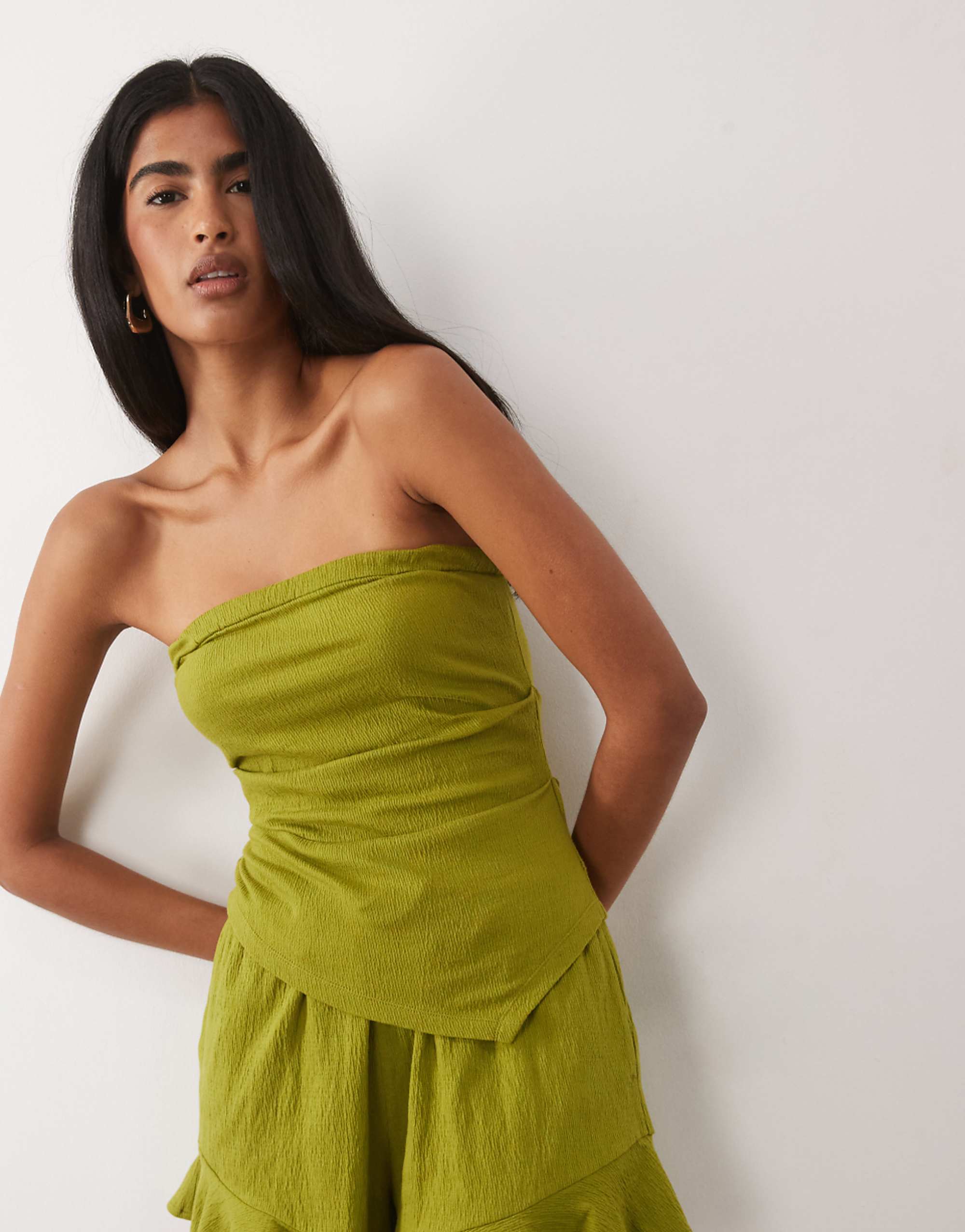 Asos Design Mix &amp;amp; Match Cotton Crinkle Asymmetric Bandeau Top in Green