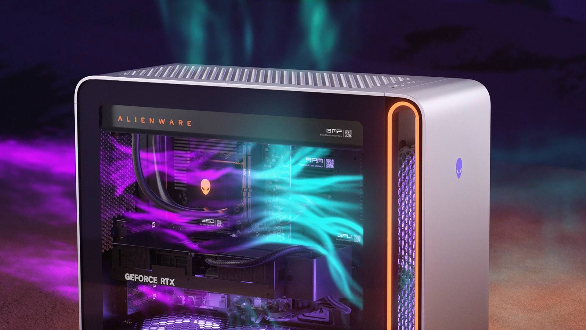 Close up of Alienware Area-51 gaming PC with blue and purple vapour demonstrating airflow.