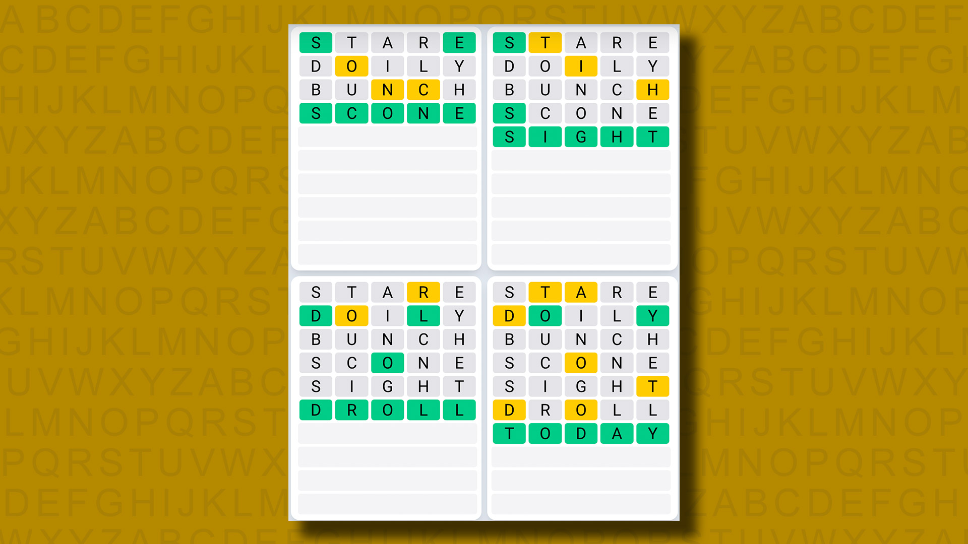 Quordle Daily Sequence Answers for Game 970 on a Yellow Background