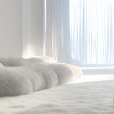 A graphic for the Pantone colour of the year 2026, Cloud Dancer with a room dressed in a fluffy white carpet, furry white chairs and light white curtains