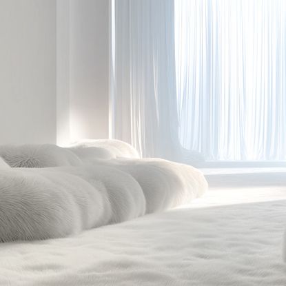 A graphic for the Pantone colour of the year 2026, Cloud Dancer with a room dressed in a fluffy white carpet, furry white chairs and light white curtains