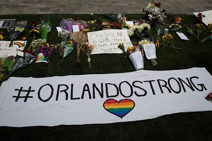 A banner supporting the Orlando community after the Pulse nightclub shooting.