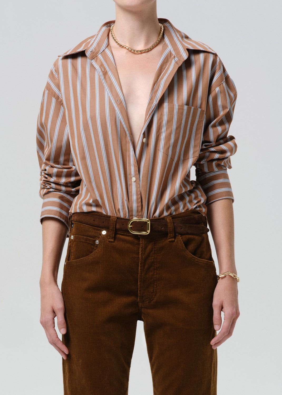 Thea Boyfriend Japanese Poplin Shirt in Copper Stripe - Xs / Copper Stripe