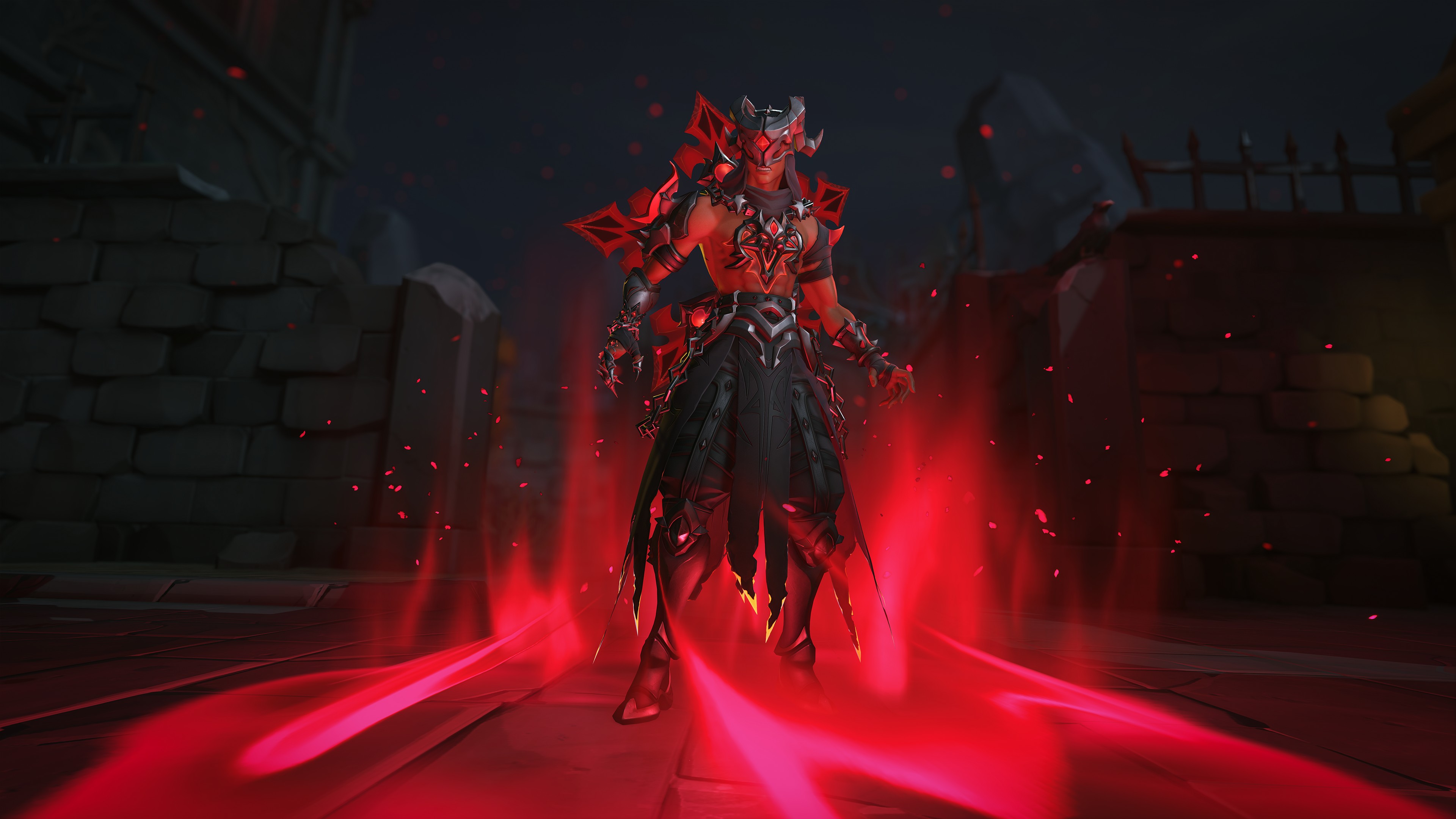 A futuristic warrior in dark armor stands confidently amid glowing red energy. The scene is atmospheric and mysterious, with imposing stone walls in the background.