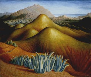 Oil painting by Dora Carrington of a Spanish landscape with mountains