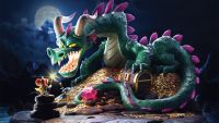 A cartoon dragon roars at a little mouse