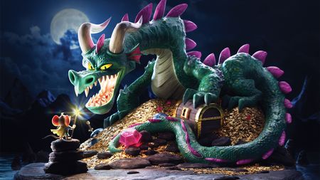 A cartoon dragon roars at a little mouse