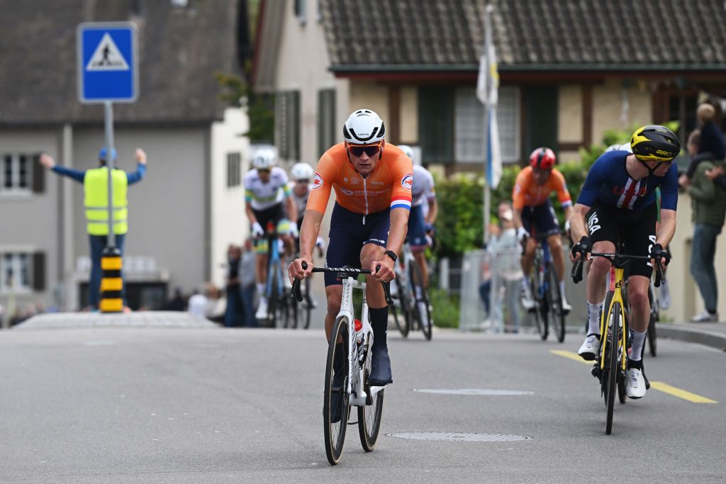 ZURICH SWITZERLAND SEPTEMBER 29 Mathieu Van Der Poel of Team Netherlands competes in the chase group during the 97th UCI Cycling World Championships Zurich 2024 Mens Elite Road Race a 2739km one day race from Winterthur to Zurich on September 29 2024 in Zurich Switzerland Photo by Dario BelingheriGetty Images