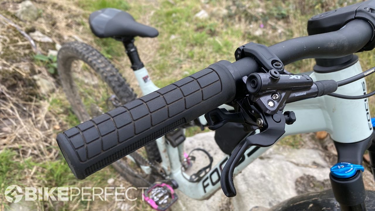 Focus Jam 6.9 trail bike leaning against a rock next to a singletrack trail