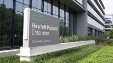 HPE logo and branding pictured on a sign at the company's head office.