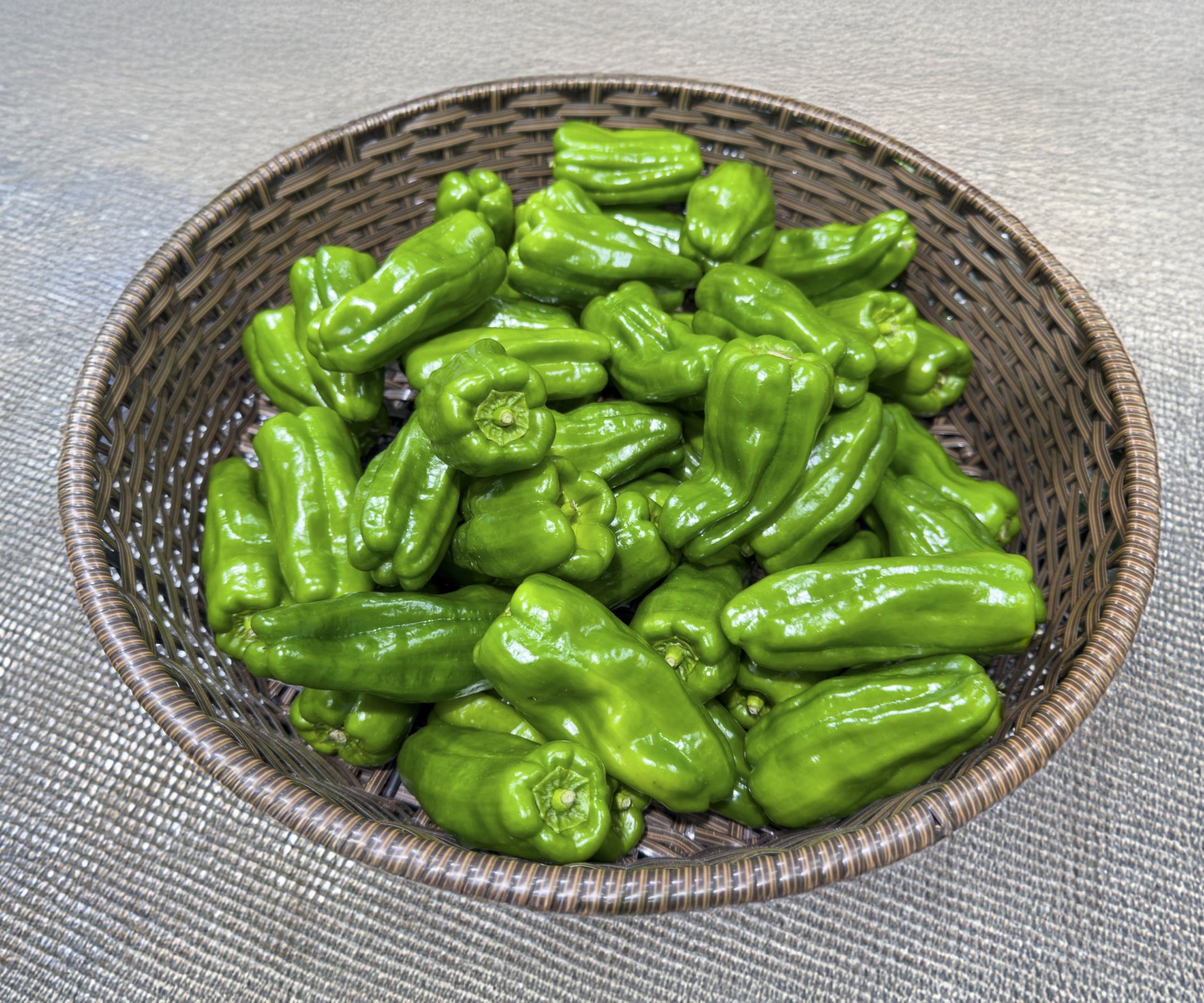 A fresh harvest of green shishito peppers in a woven basket